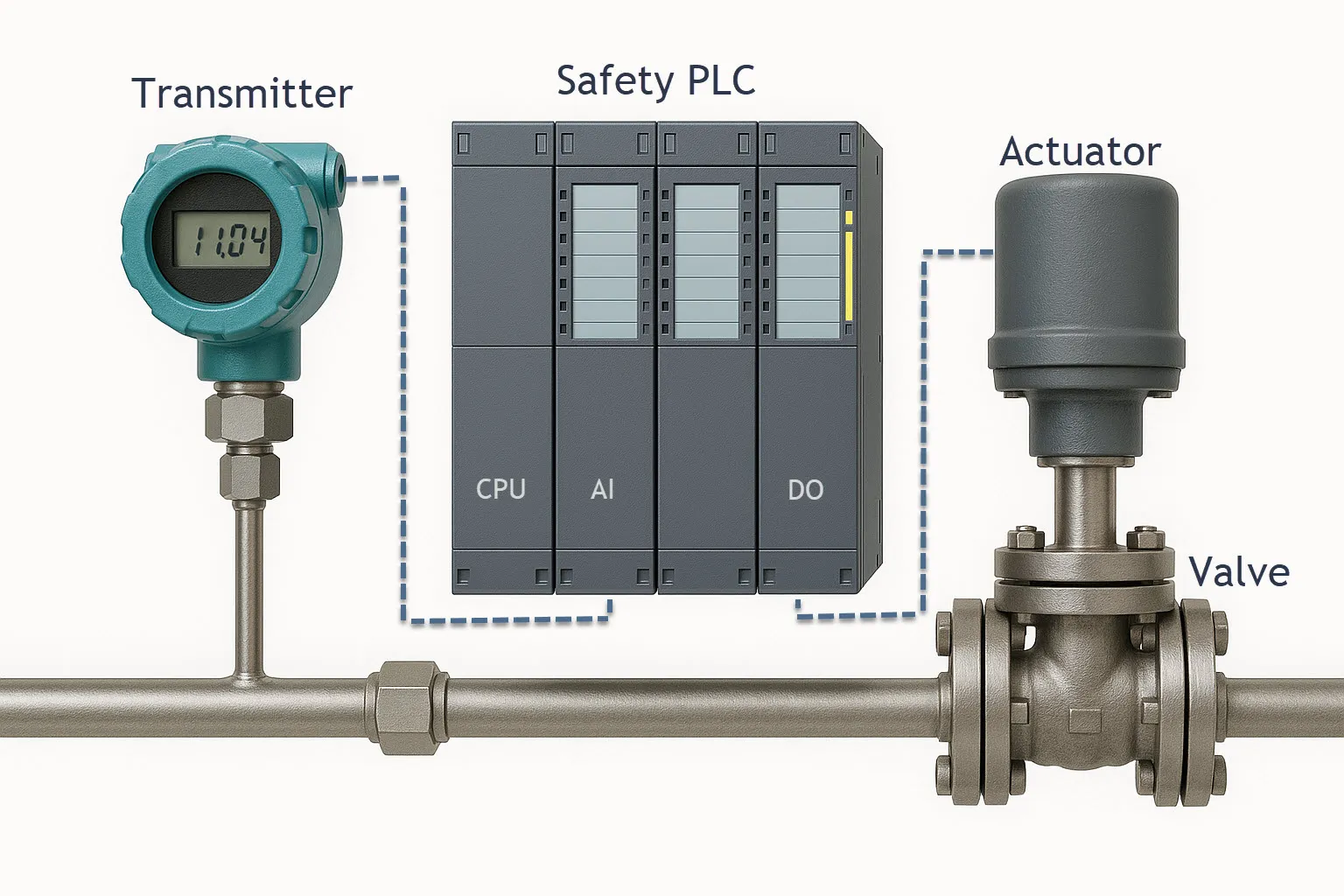 Sistema de automatización industrial que cuenta con un transmisor, PLC de seguridad, actuador y válvula para un control de proceso eficiente.